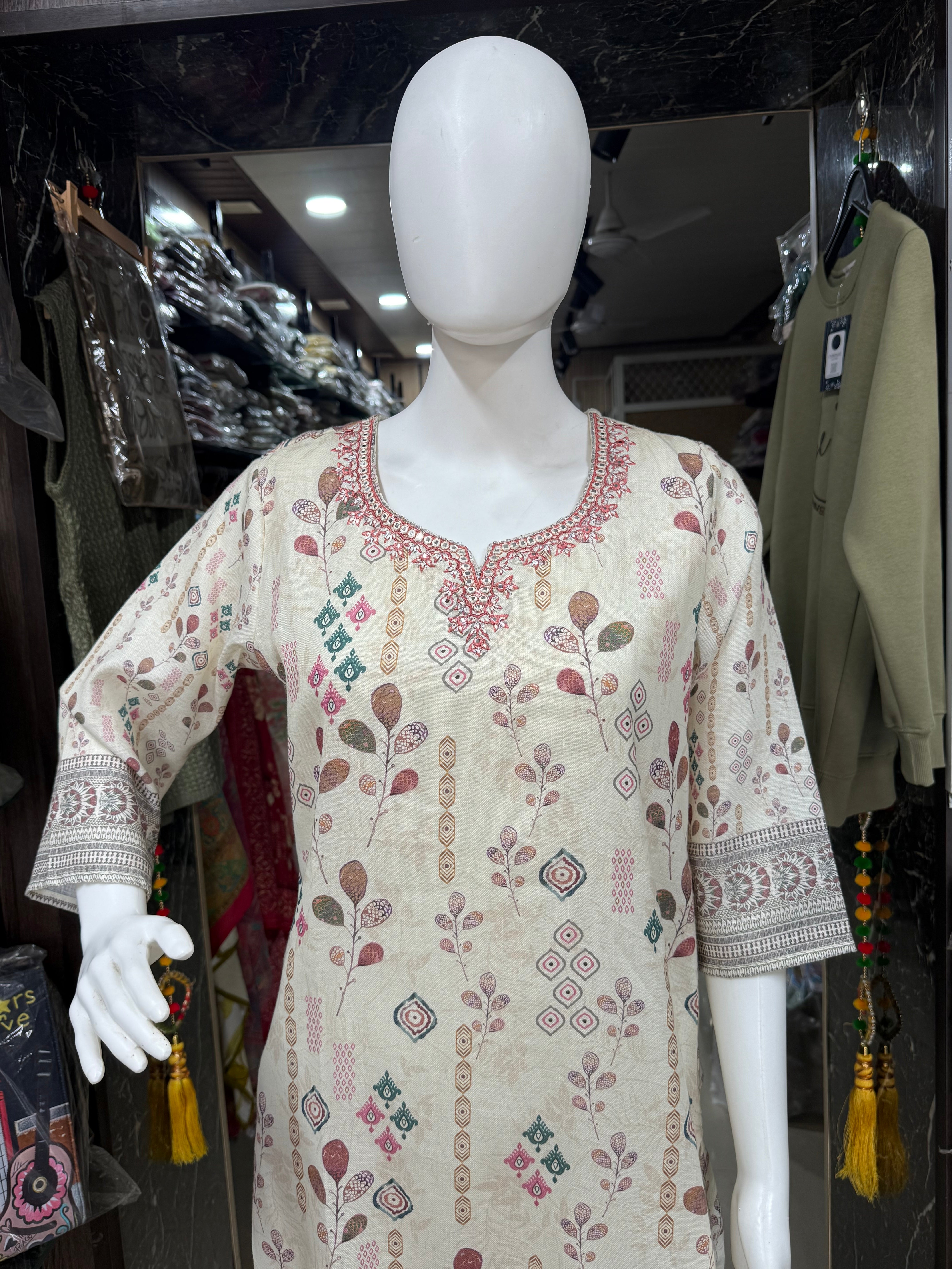 Off-White Printed Cotton Suit With Embroidery On Neckline