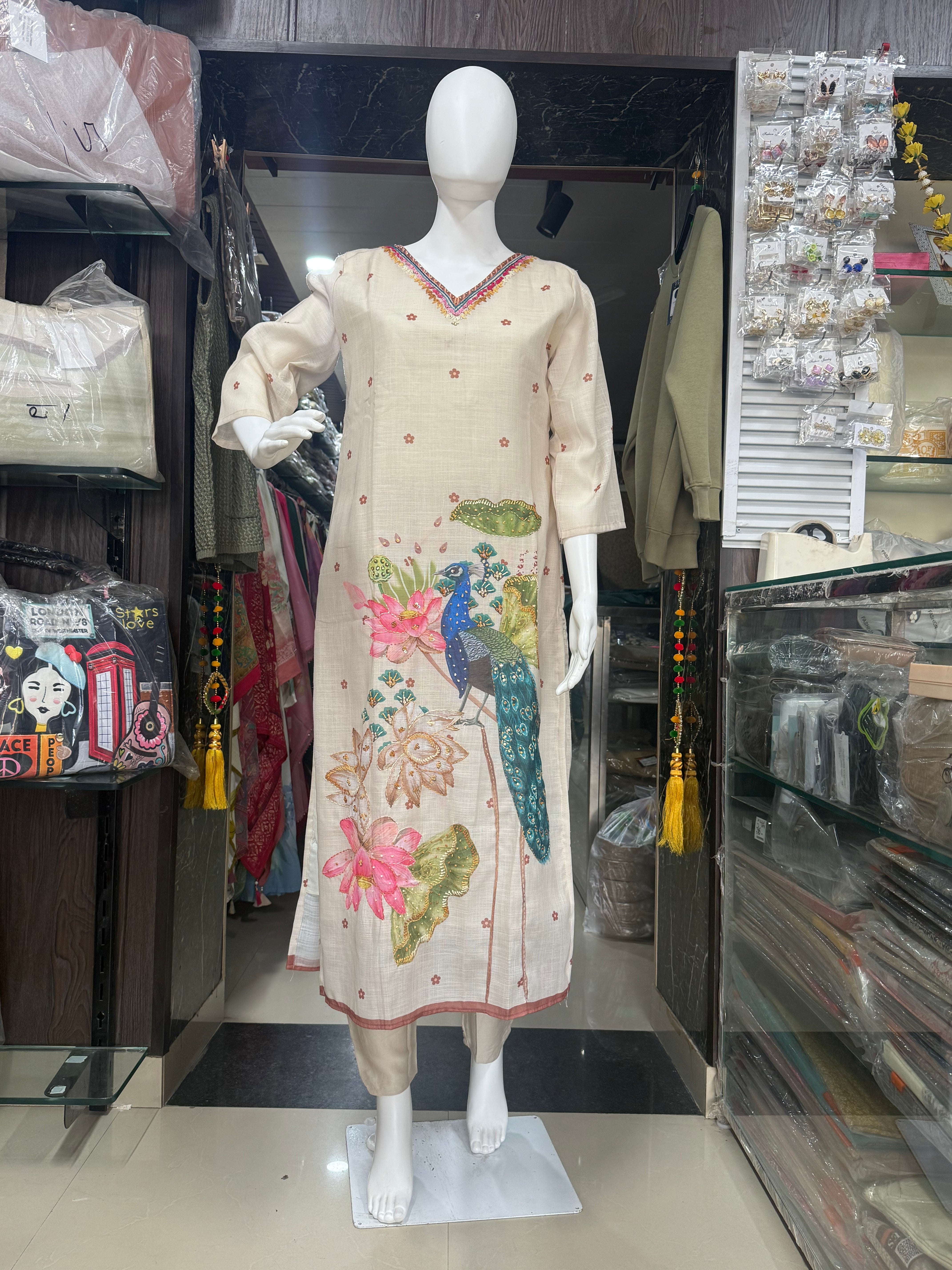 Elegant Linen Suit Set With Beautiful Knot Work Embroidery On Shirt And Dupatta