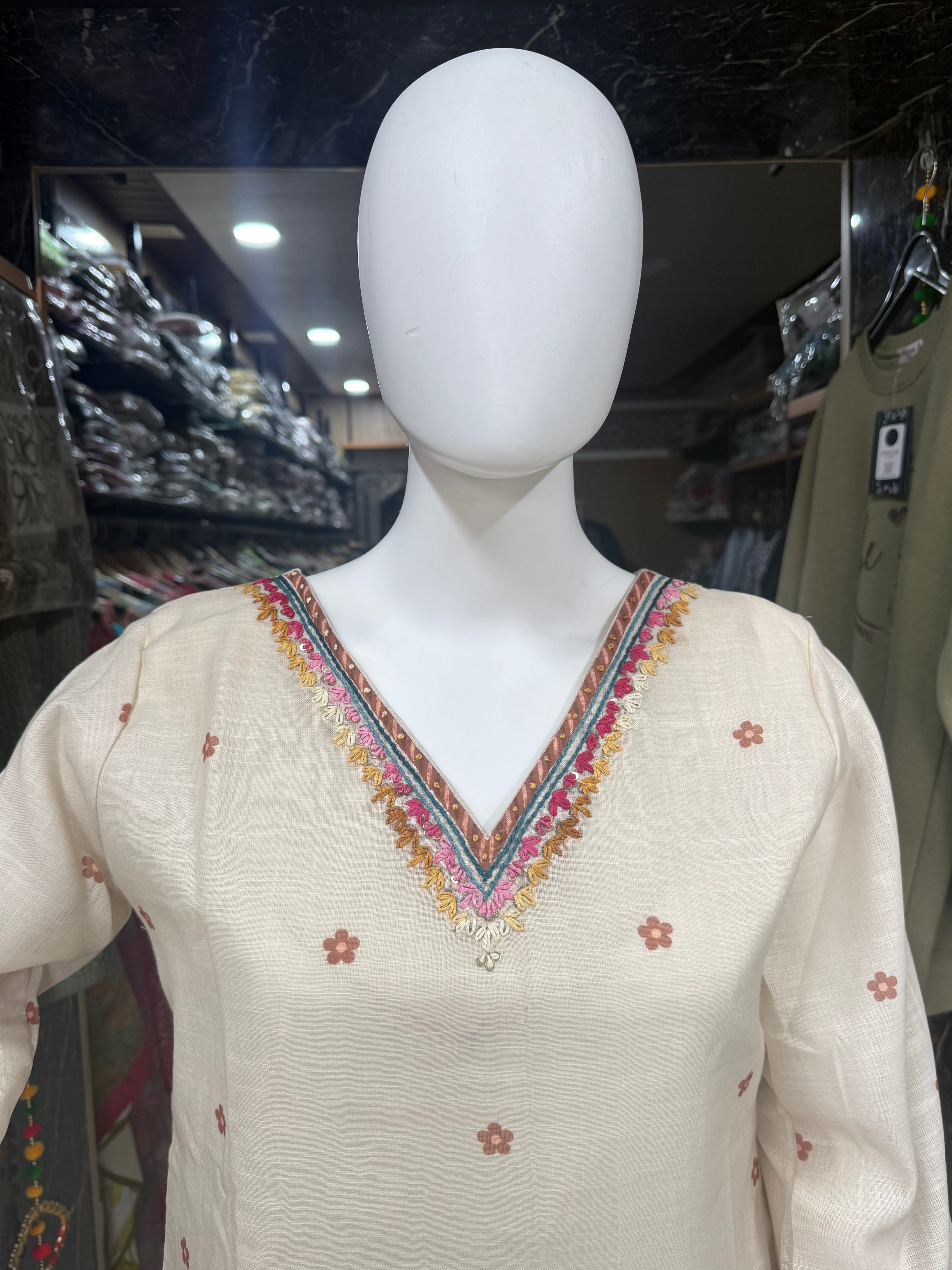 Elegant Linen Suit Set With Beautiful Knot Work Embroidery On Shirt And Dupatta