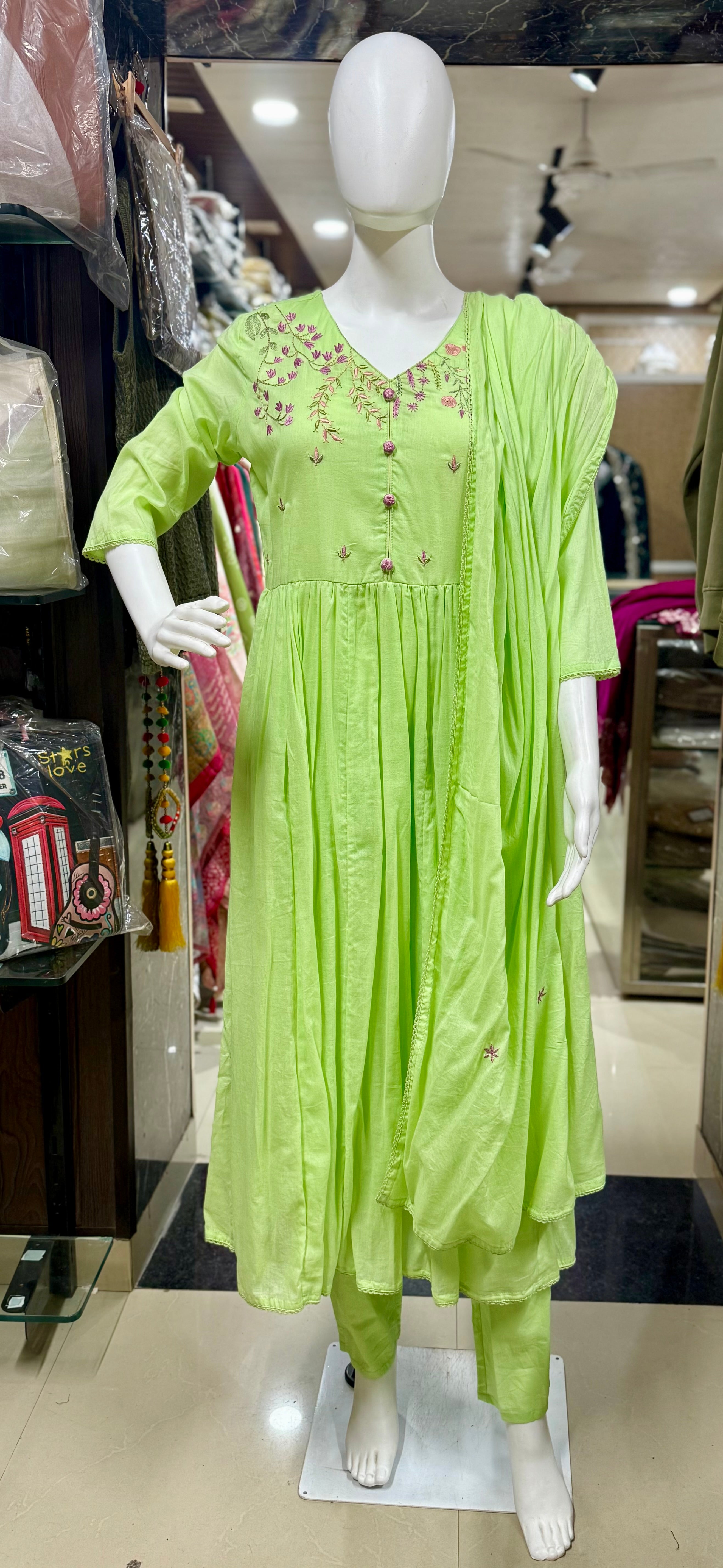 Women's Pista Green Mul Cotton Anarkali Suit Set