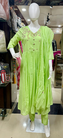 Women's Pista Green Mul Cotton Anarkali Suit Set