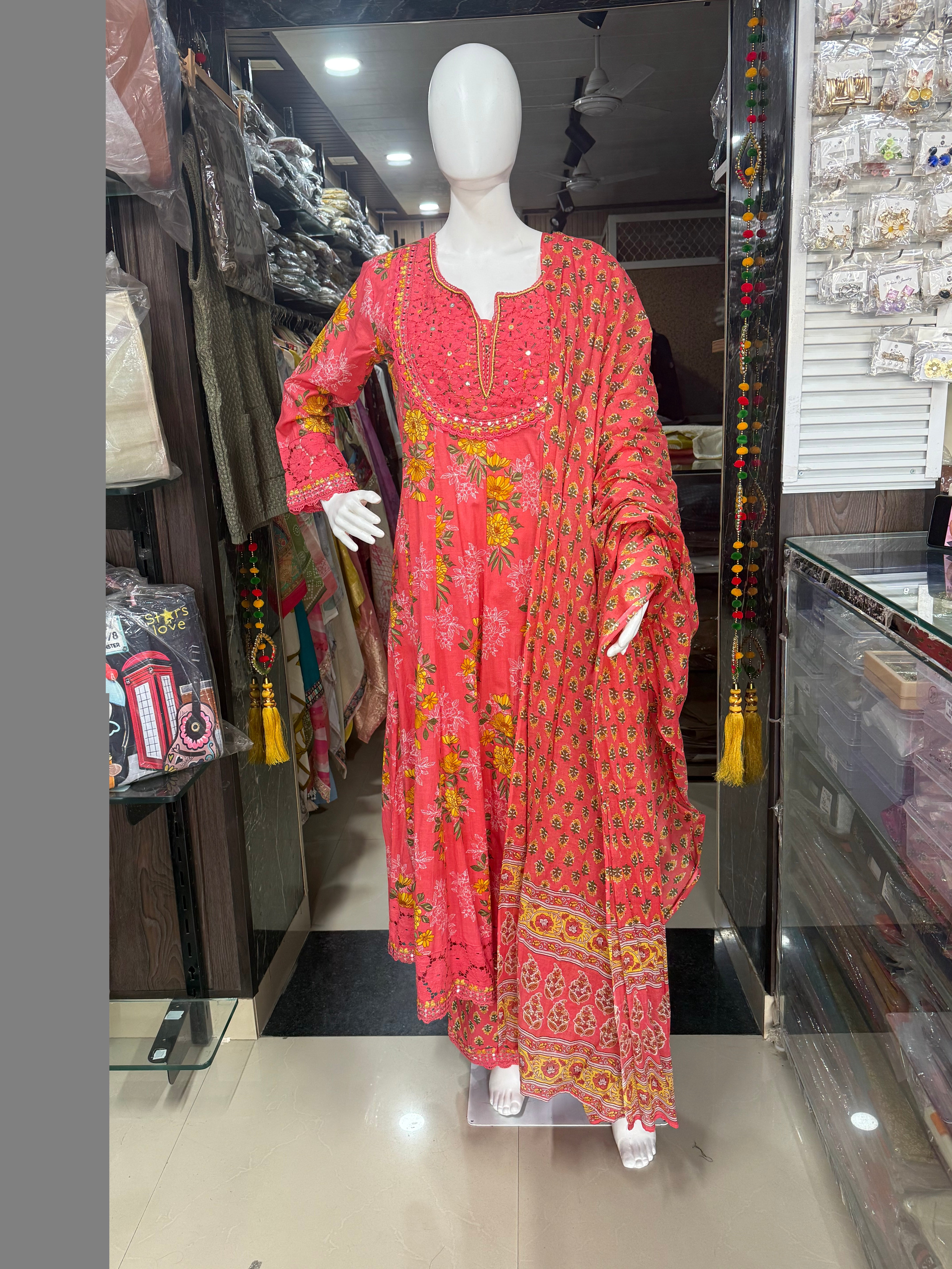 Pure Cotton Anarkali Suit With Beautiful Crochet Work