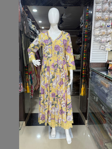 Yellow Floral Print Cotton Anarkali Suit Set With Beautiful Lace Work