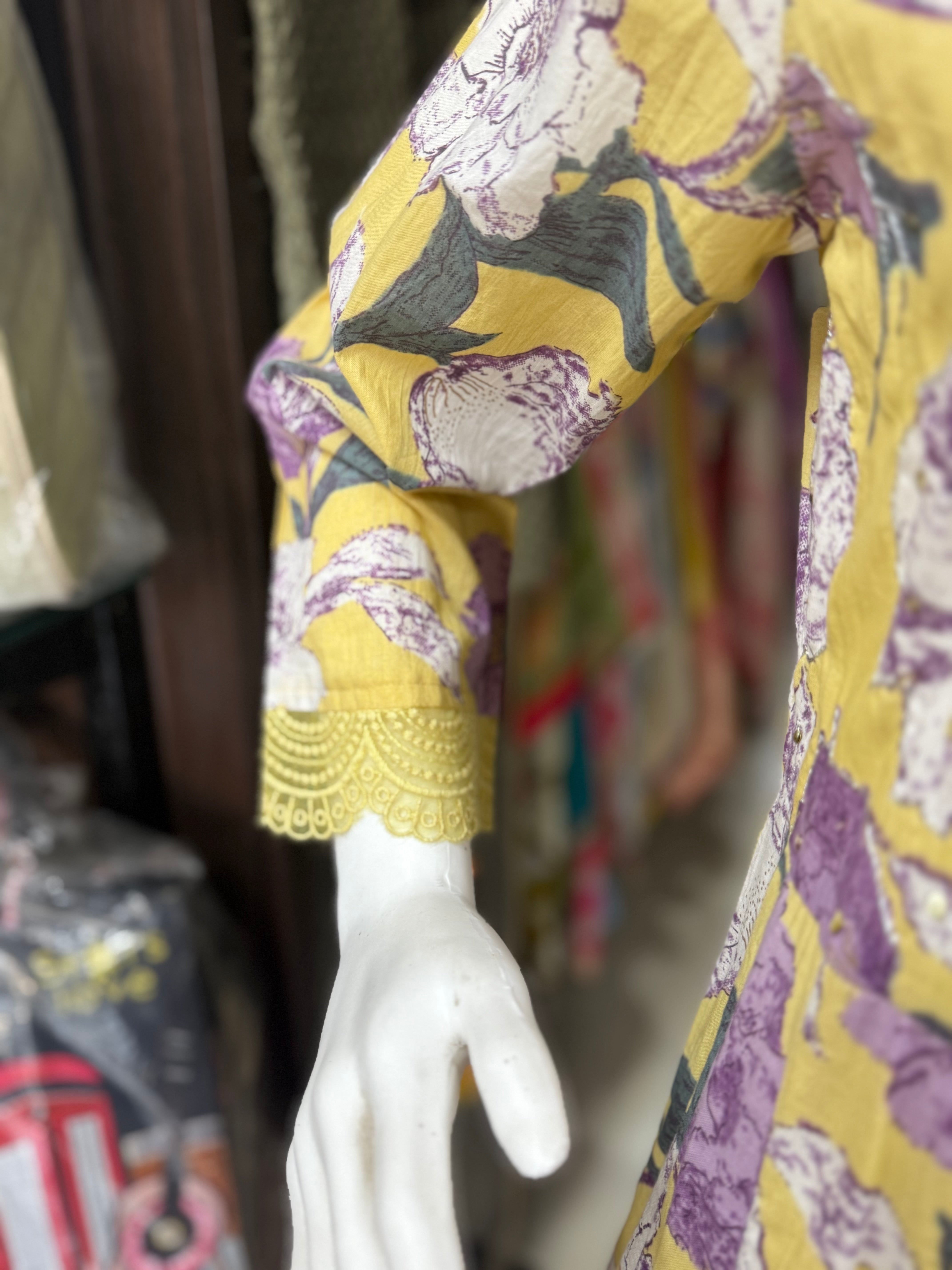 Yellow Floral Print Cotton Anarkali Suit Set With Beautiful Lace Work