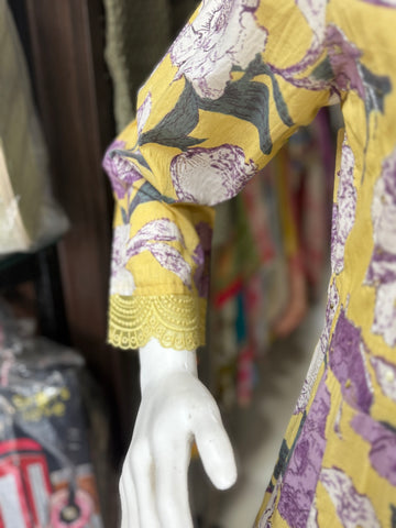 Yellow Floral Print Cotton Anarkali Suit Set With Beautiful Lace Work