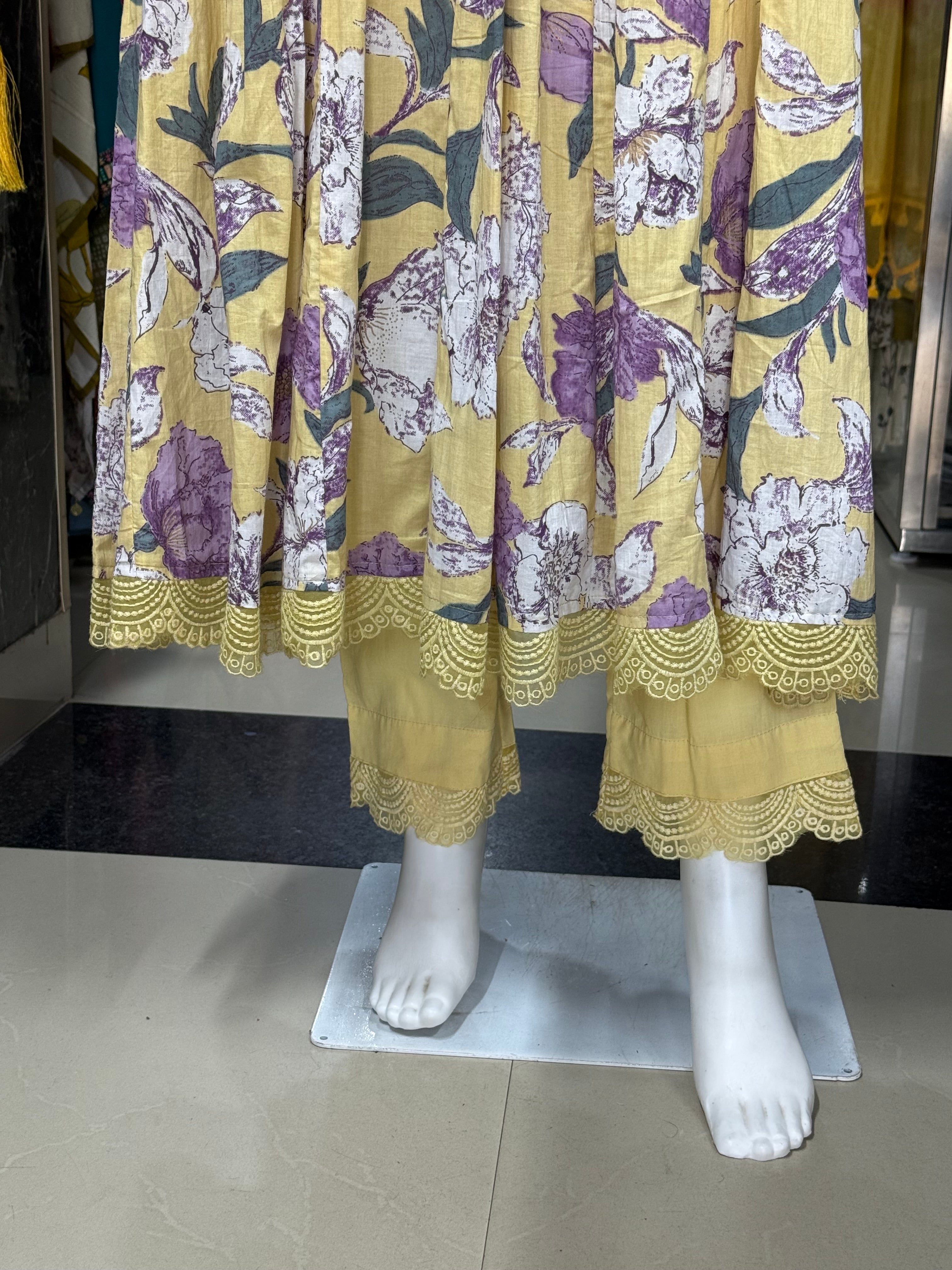 Yellow Floral Print Cotton Anarkali Suit Set With Beautiful Lace Work