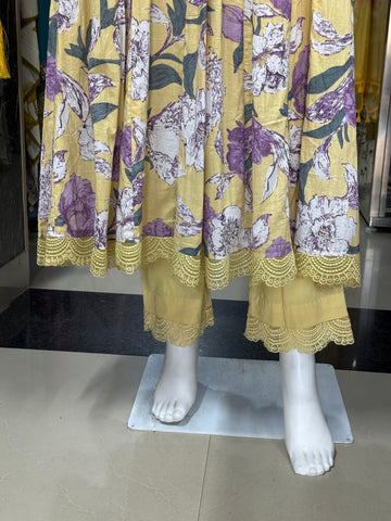 Yellow Floral Print Cotton Anarkali Suit Set With Beautiful Lace Work