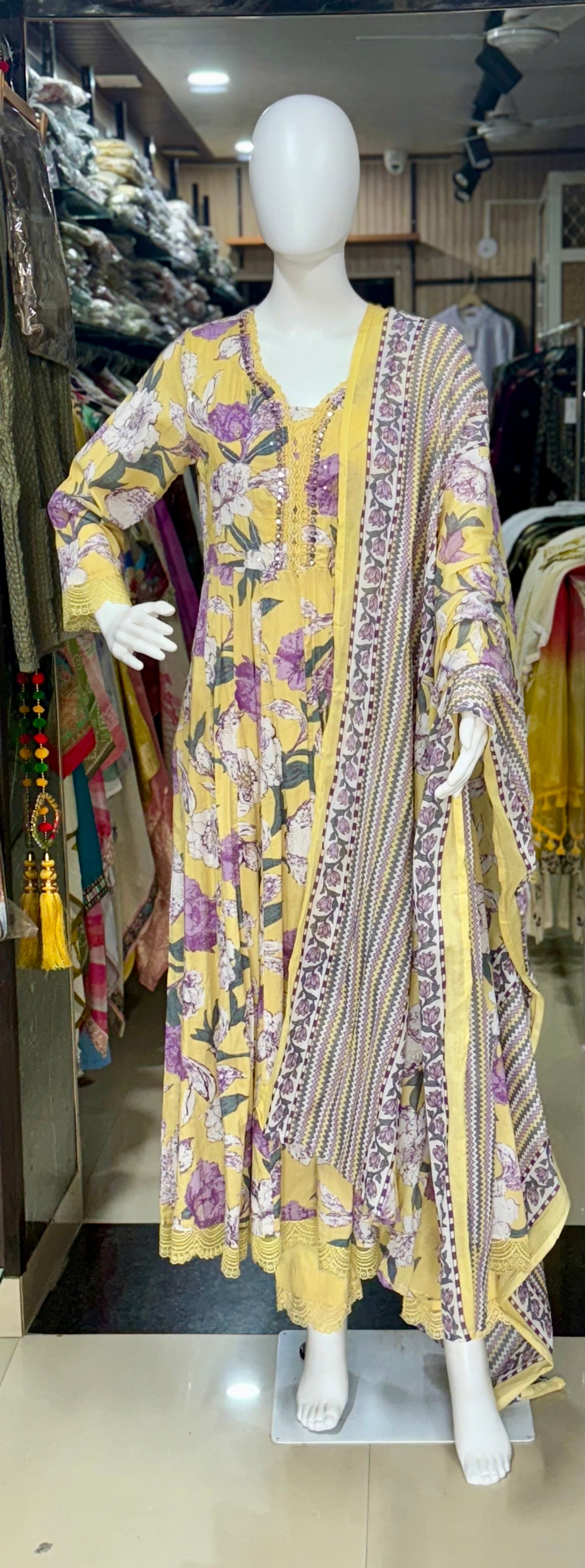 Yellow Floral Print Cotton Anarkali Suit Set With Beautiful Lace Work