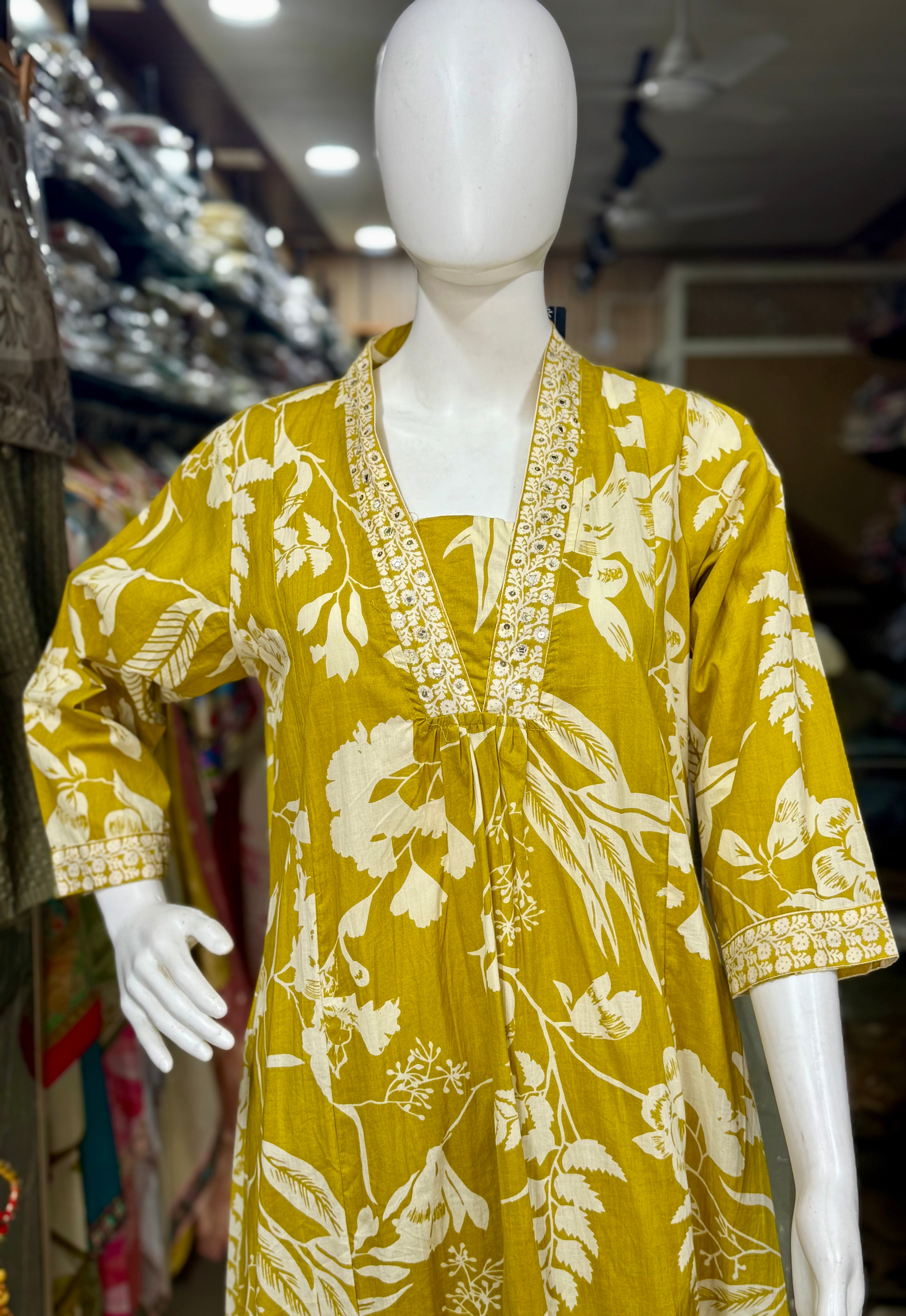 Yellow A-Line Cotton Suit Set With Palazzo Pant