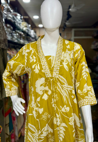 Yellow A-Line Cotton Suit Set With Palazzo Pant