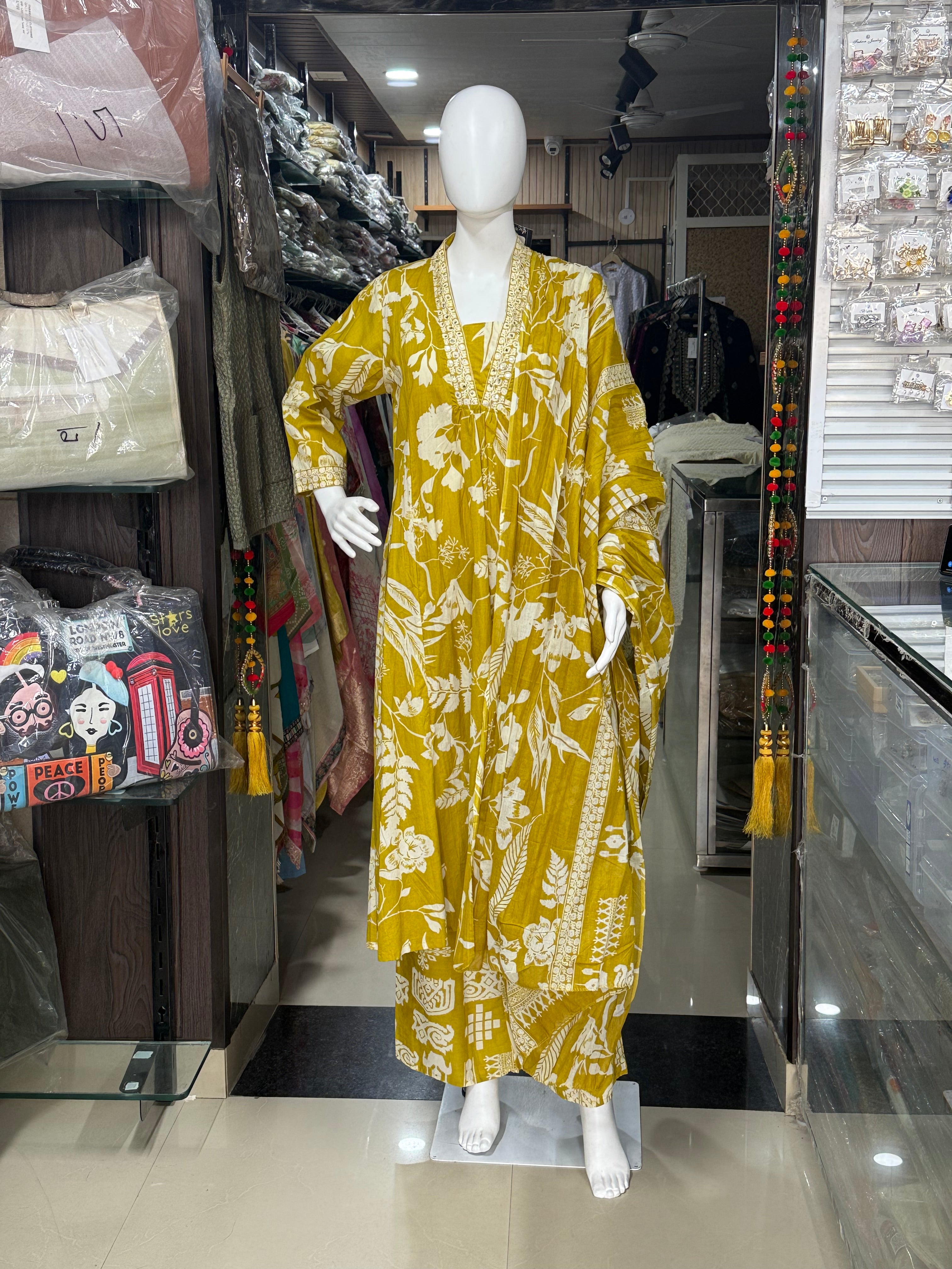 Yellow A-Line Cotton Suit Set With Palazzo Pant