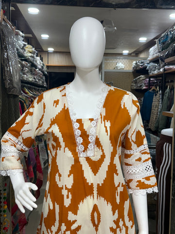 Designer Cotton Ikkat Print Straight Kurta Set with Scalloped Lace Borders