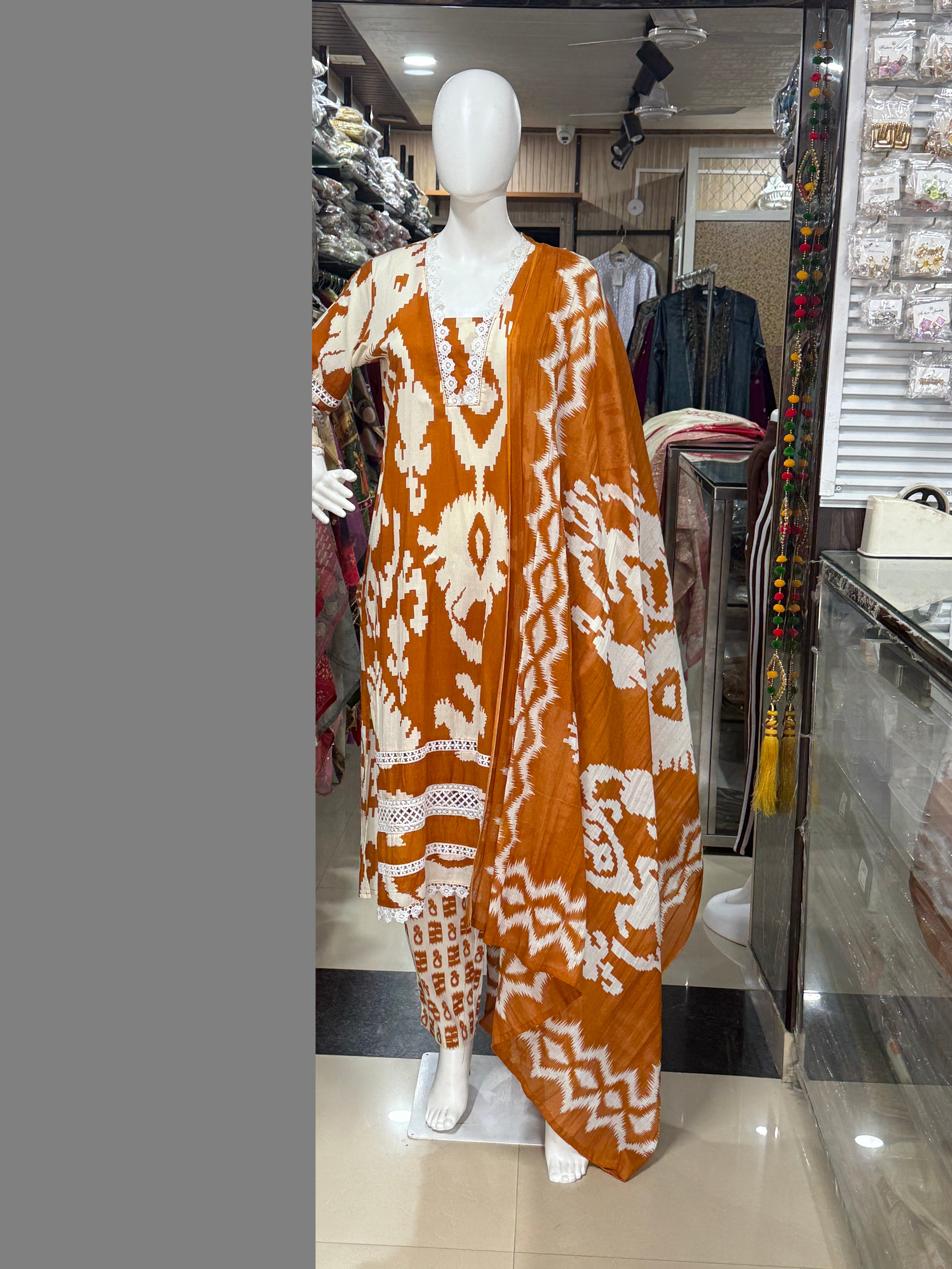 Designer Cotton Ikkat Print Straight Kurta Set with Scalloped Lace Borders