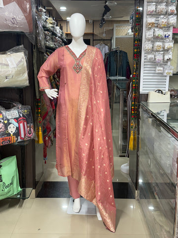 Pink Banarsi Party Wear Suit With Heavy Jacquard Work On Dupatta
