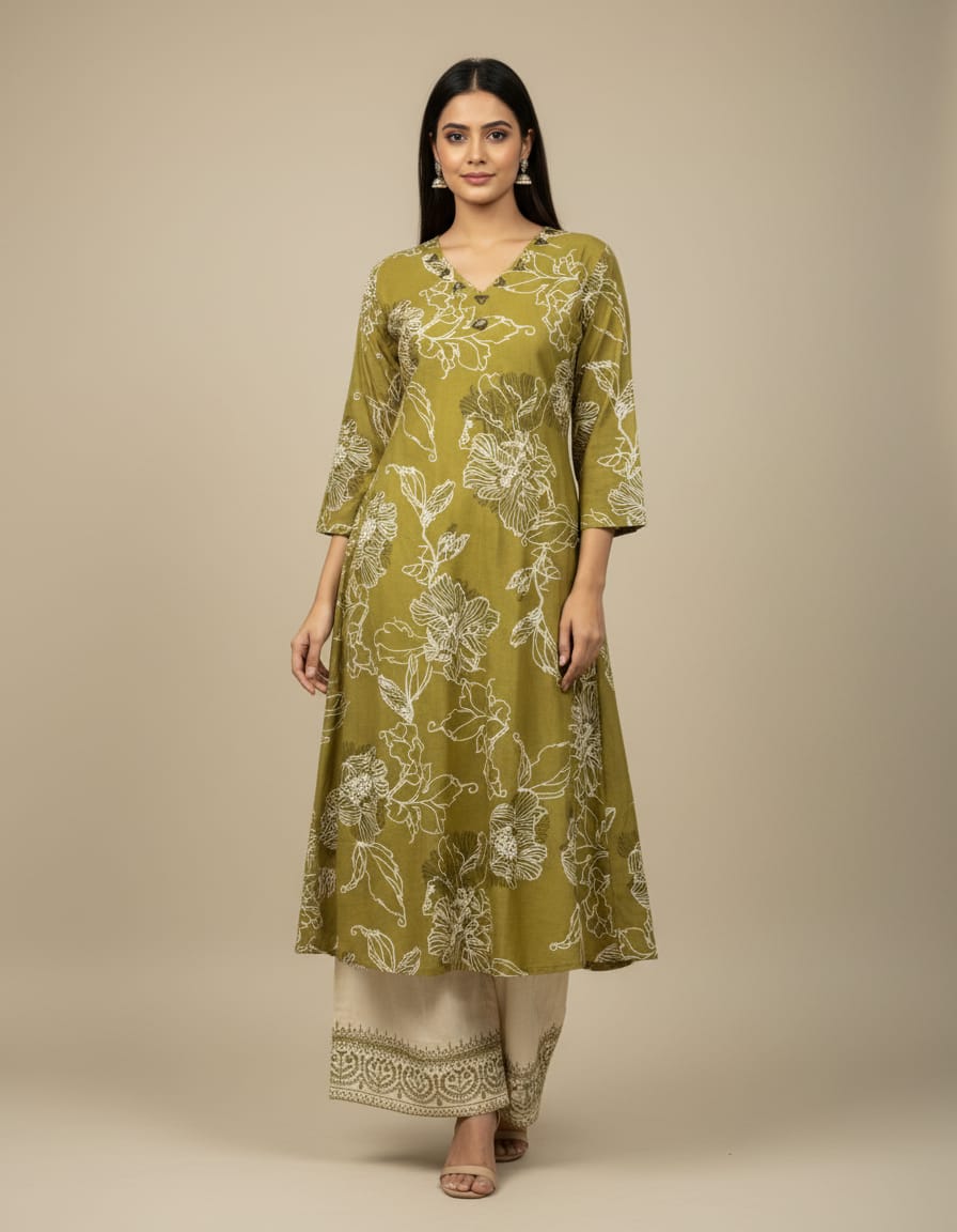 Mehndi Green And Off-White Cotton A-Line Embroidered 2-Piece Suit Set