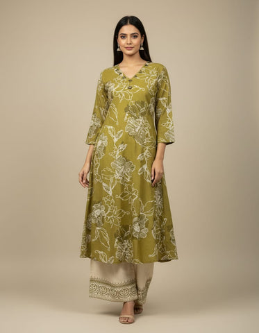 Mehndi Green And Off-White Cotton A-Line Embroidered 2-Piece Suit Set
