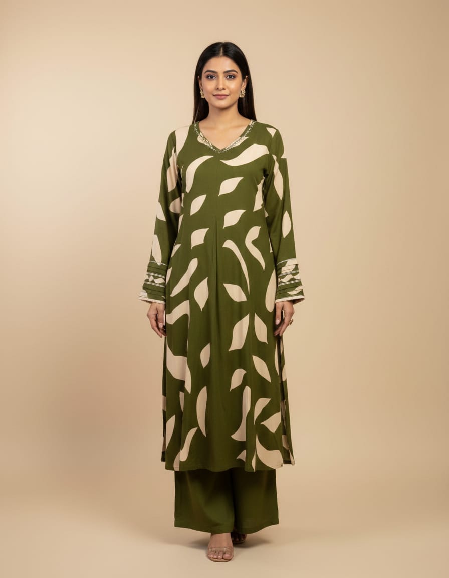 Green Cotton A-Line 2-Piece Suit With Palazzo Pant