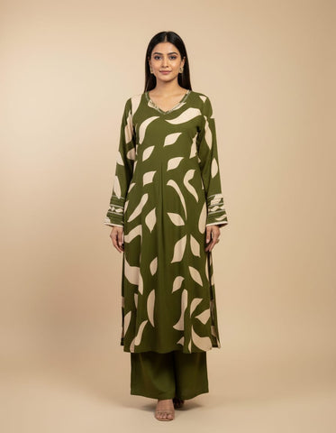 Green Cotton A-Line 2-Piece Suit With Palazzo Pant