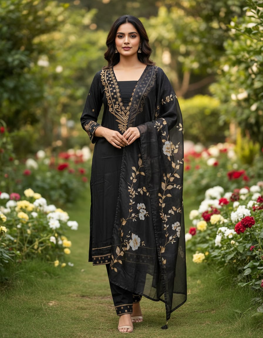 Black Muslin Beautifully Embroidered Straight Suit Set