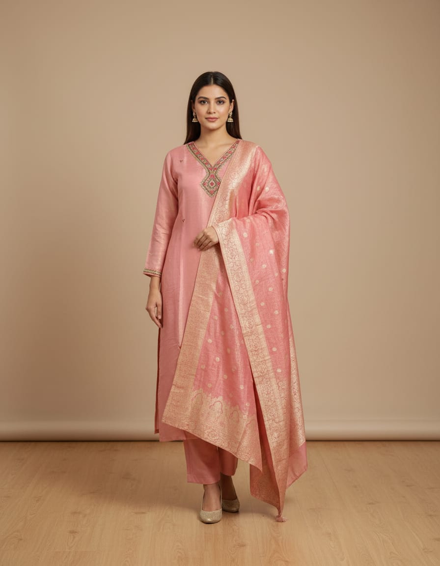 Pink Banarsi Party Wear Suit With Heavy Jacquard Work On Dupatta