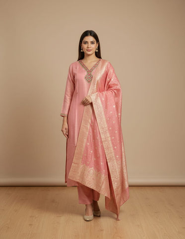 Pink Banarsi Party Wear Suit With Heavy Jacquard Work On Dupatta