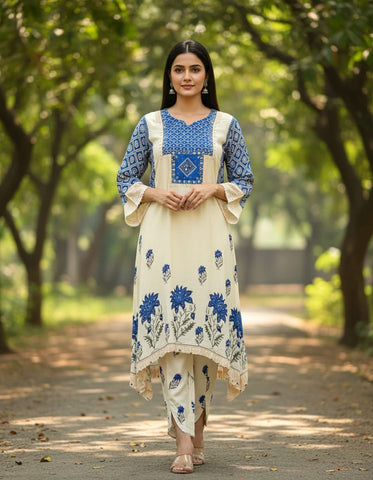 Cream And Blue Muslin Party Wear 2-Piece Suit With Mirror Work And Tulip Pants