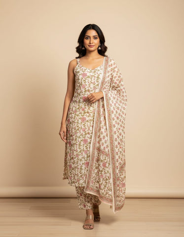 Floral Print Cotton Sleeveless Suit For Women
