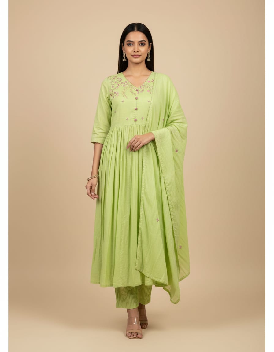 Women's Pista Green Mul Cotton Anarkali Suit Set