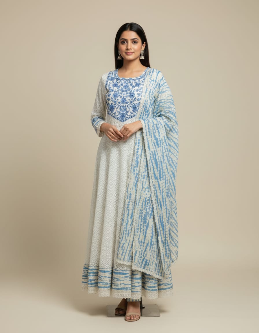 Elegant Moon White Cotton Chikankari Anarkali Suit Set