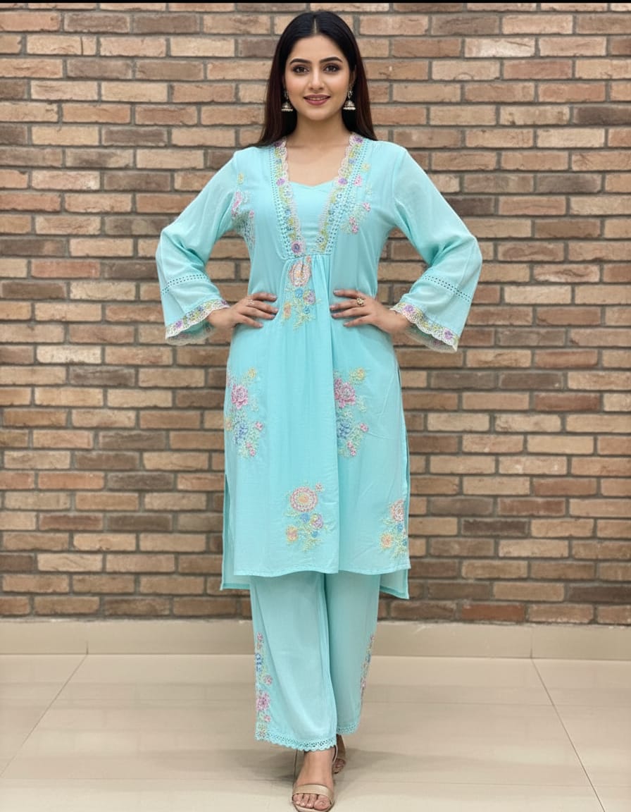 Sky Blue Mul Cotton Embroidered Coord Set