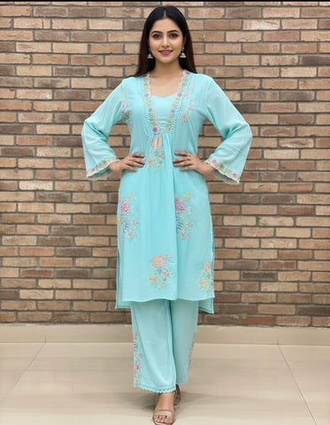Sky Blue Mul Cotton Embroidered Coord Set