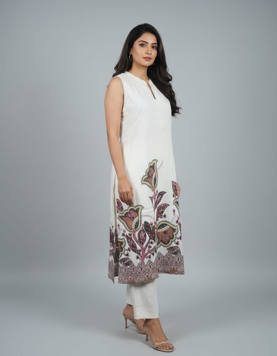 Off-White Cotton Floral Print Coord Set For Women