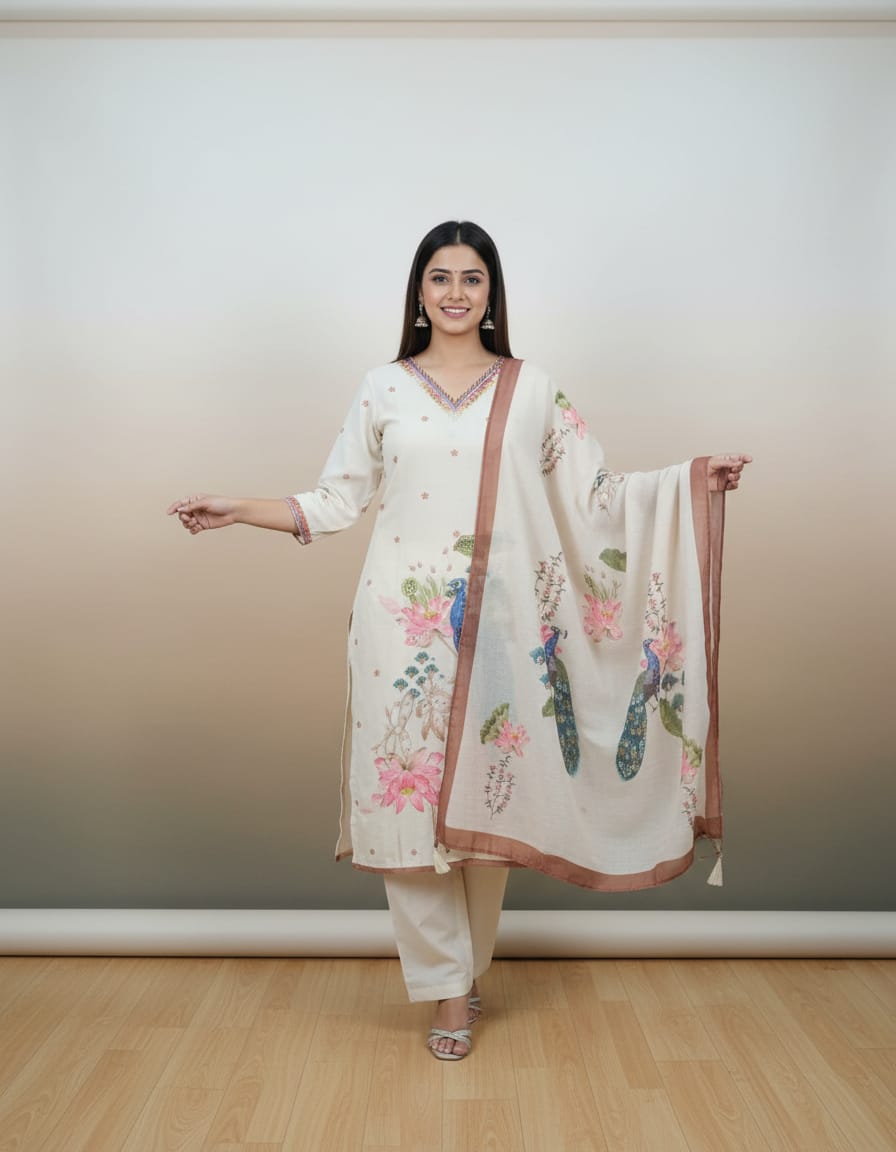 Elegant Linen Suit Set With Beautiful Knot Work Embroidery On Shirt And Dupatta