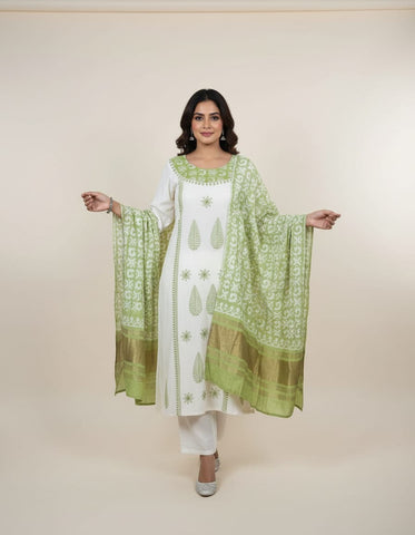 Off-White & Lime Green Printed Cotton Suit With Dupatta for Women