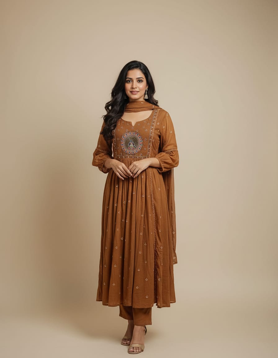Brown Color Anarkali Suit With Beautiful Peacock design On Neckline