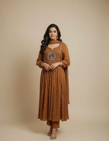 Brown Color Anarkali Suit With Beautiful Peacock design On Neckline