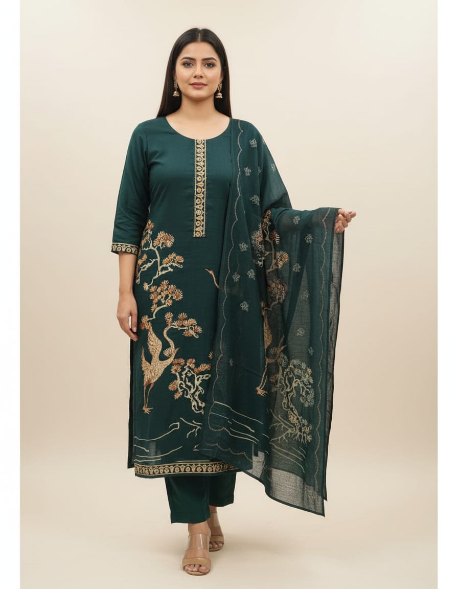 Comfy Dark Green Linen Suit With Beautiful Knot Work Embroidery On Shirt And Dupatta