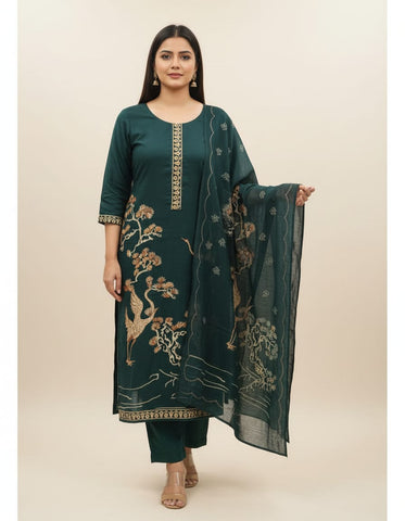Comfy Dark Green Linen Suit With Beautiful Knot Work Embroidery On Shirt And Dupatta