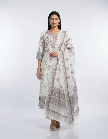 Off-White Printed Cotton Suit With Embroidery On Neckline