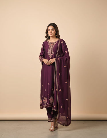 Semi-Silk Purple Color Party Wear Suit With Heavy Zari Embroidery On Shirt And Dupatta