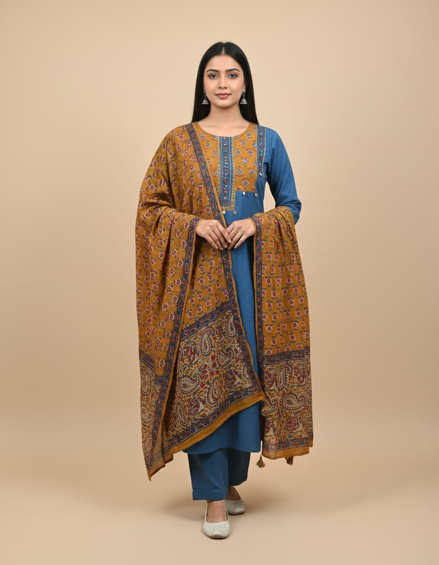 Blue Color Cotton Suit With Stylish Pockets And Printed Dupatta