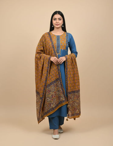 Blue Color Cotton Suit With Stylish Pockets And Printed Dupatta