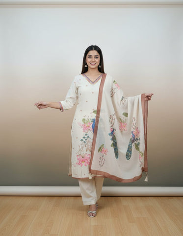 Elegant Linen Suit Set With Beautiful Knot Work Embroidery On Shirt And Dupatta
