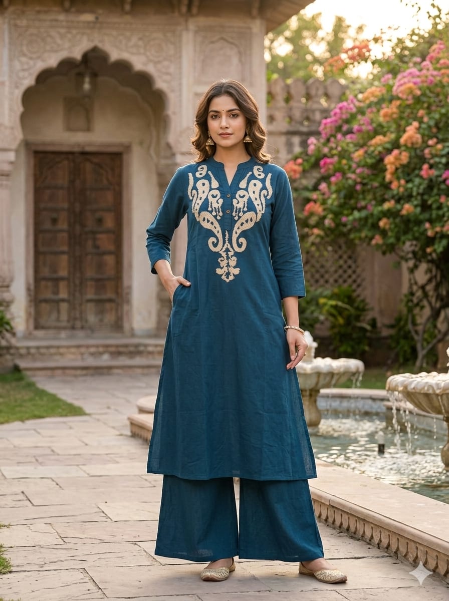Embroidered Teal Blue A-Line Coord Set