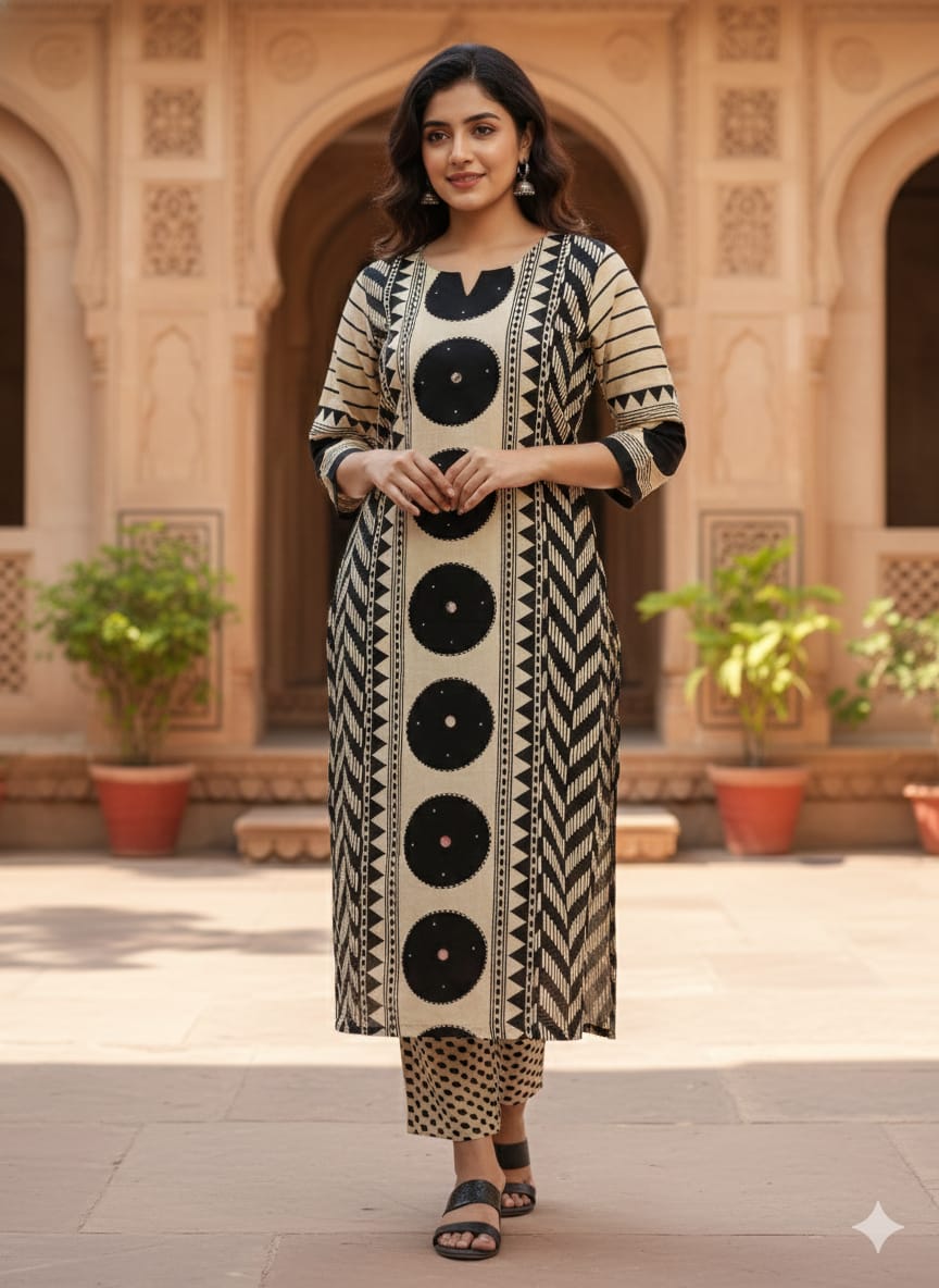 Women’s Geometric Print Kurta with Matching Trouser Set