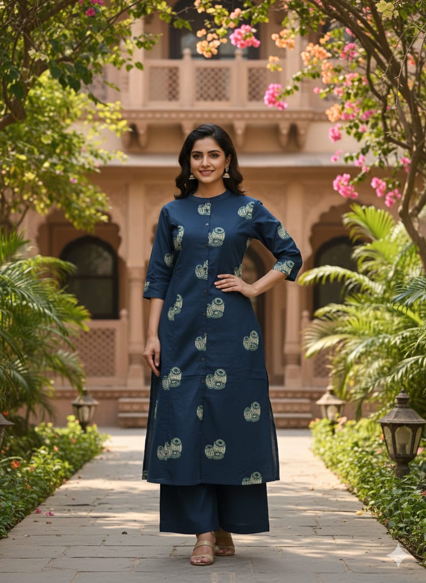 Women's Pure Cotton Printed Straight Kurta with Palazzos Set