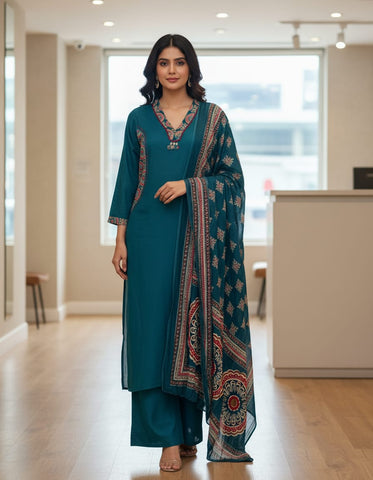Teal Blue Cotton Suit Set With Stylish Pockets And Printed Dupatta