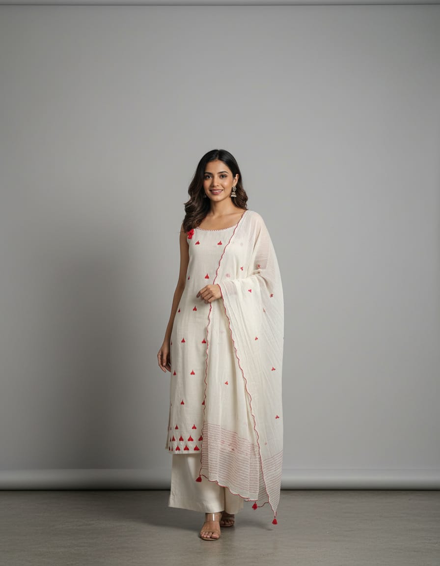 Off-White And Red Embroidered Cotton Suit With Noodle Straps