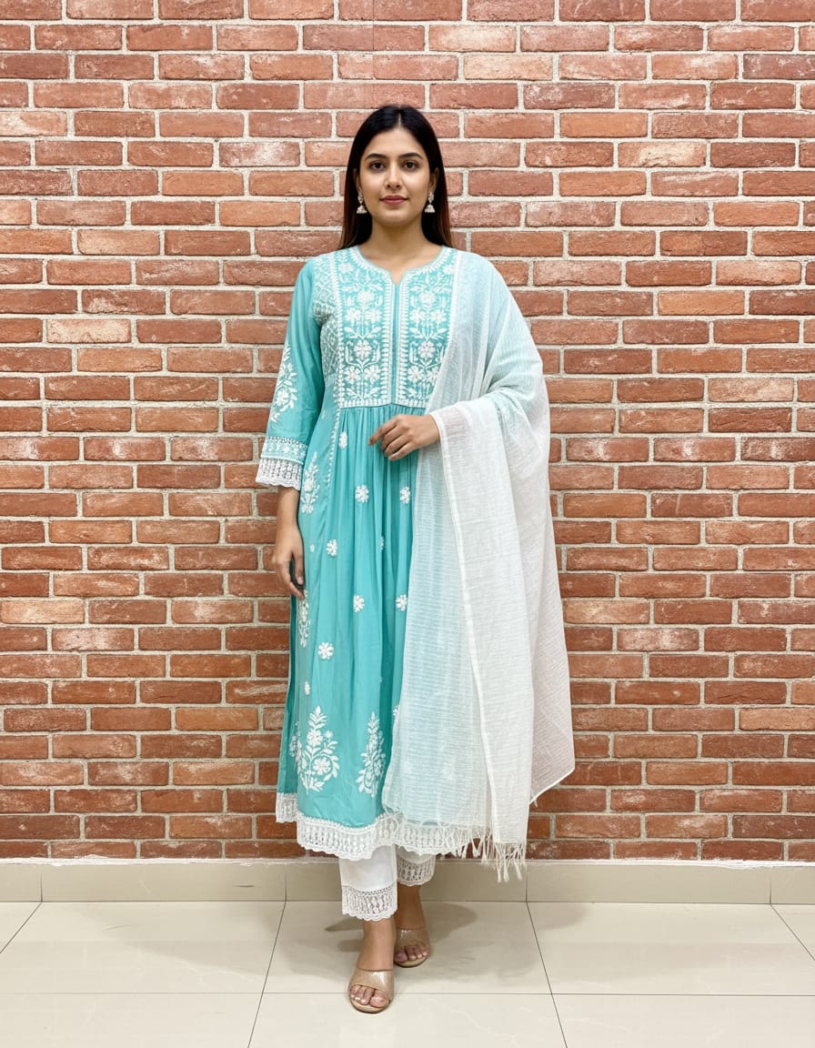 Elegant Lucknowi Chikankari Anarkali Suit With Kota Doriya Dupatta