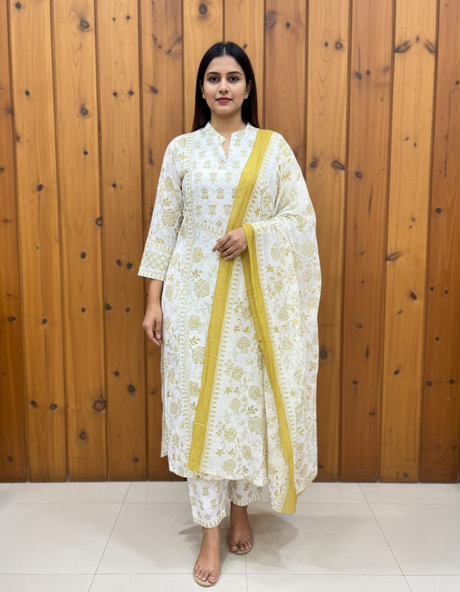 Cotton Office Wear Suit In Chinese Collar With Straight Pant And Printed Dupatta